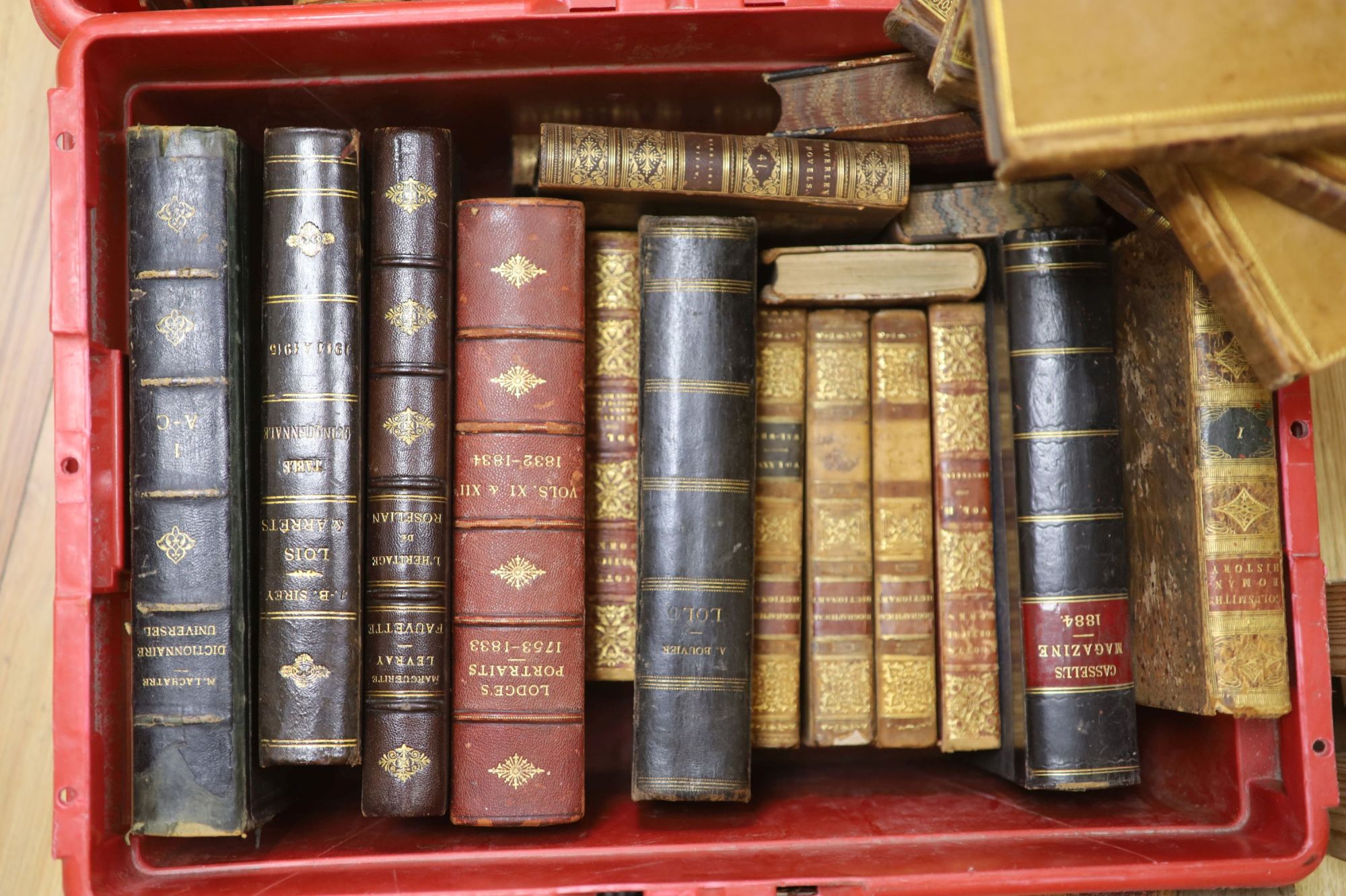 Three boxes of various decorative bindings